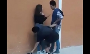 Thresome teen having sex in front for public throw a spanner into the plant